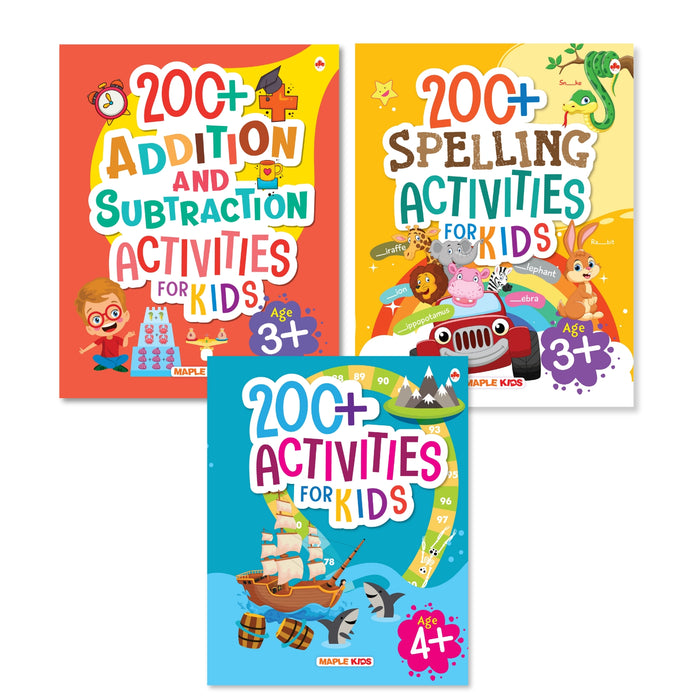 Activity Books for Kids - 200+ Addition and Subtraction, 200+ Spelling, 200+ Brain Boosting Activities 4+ (Set of 3 Books)